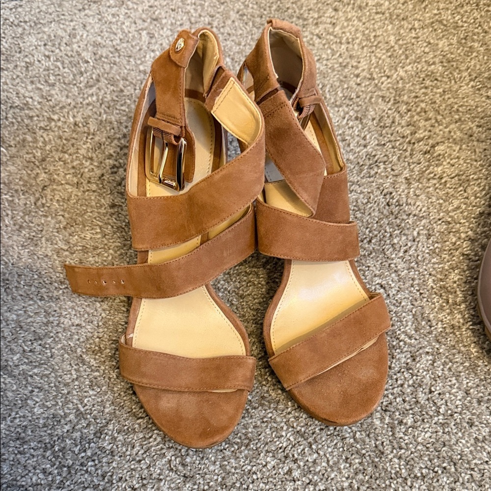 Michael Kors Brown Suede Platform Sandals Gold Buckle Stiletto Heels 10M NWOT‎